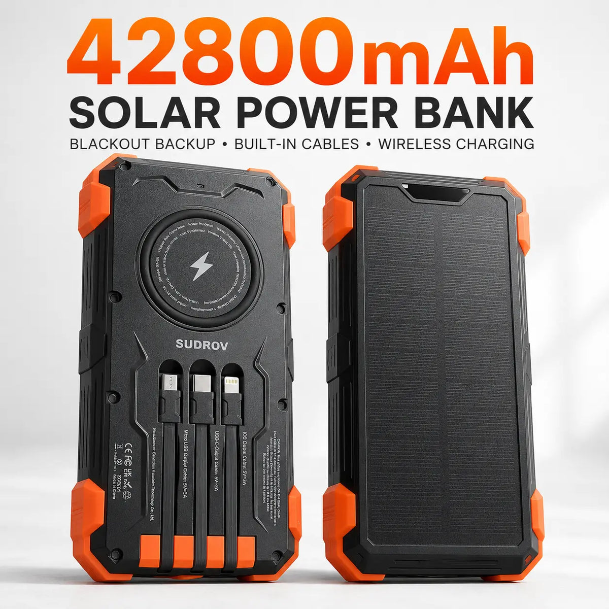 42800mAh Solar Portable Power Bank 15W Fast Charge | Wireless Charging, 4 Built-in Cables & 7 Output Ports