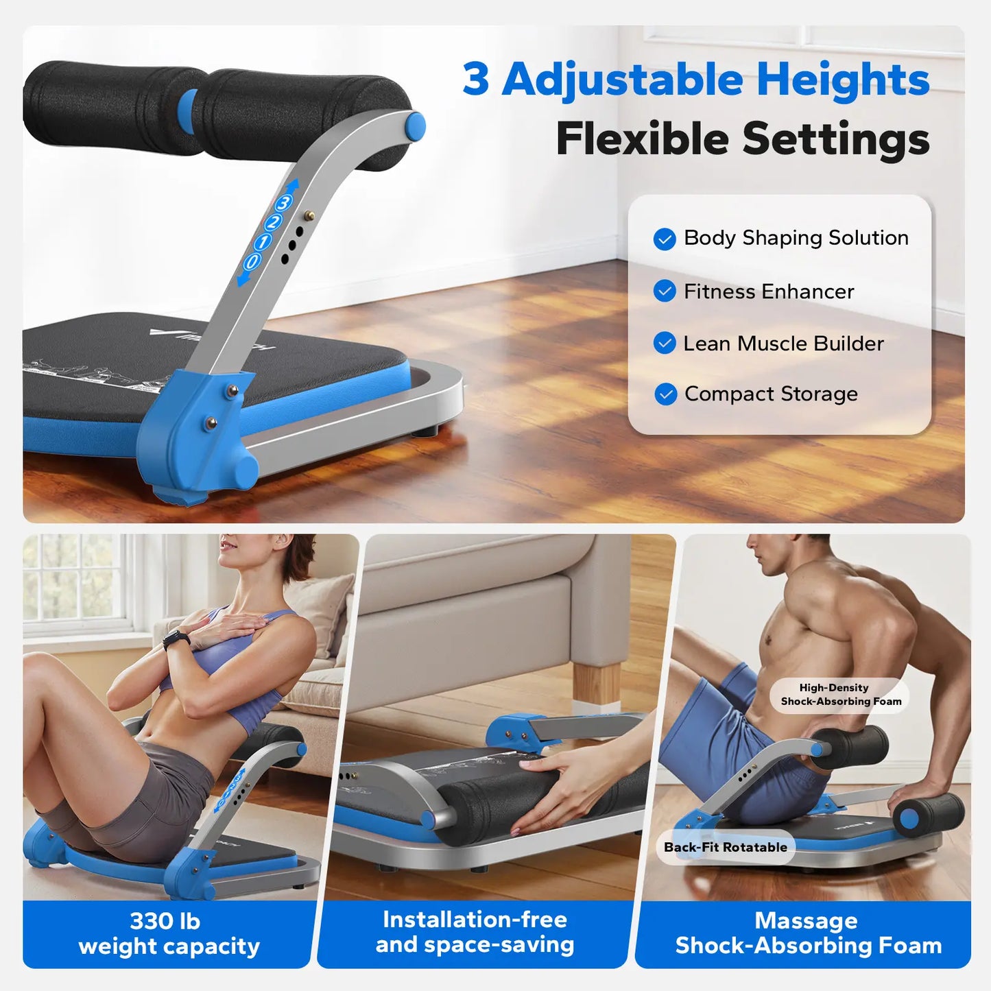 Sit-Up Exercise Equipment, 3-Level Adjustable Ab Crunch Machine Roll-up Machine, Core Trainer for Body Shaping & Muscle Building