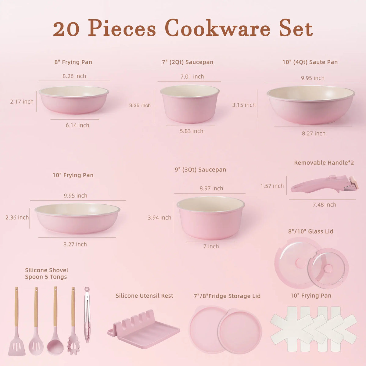 20pcs Non-Stick Pots and Pans Set with Detachable Handle