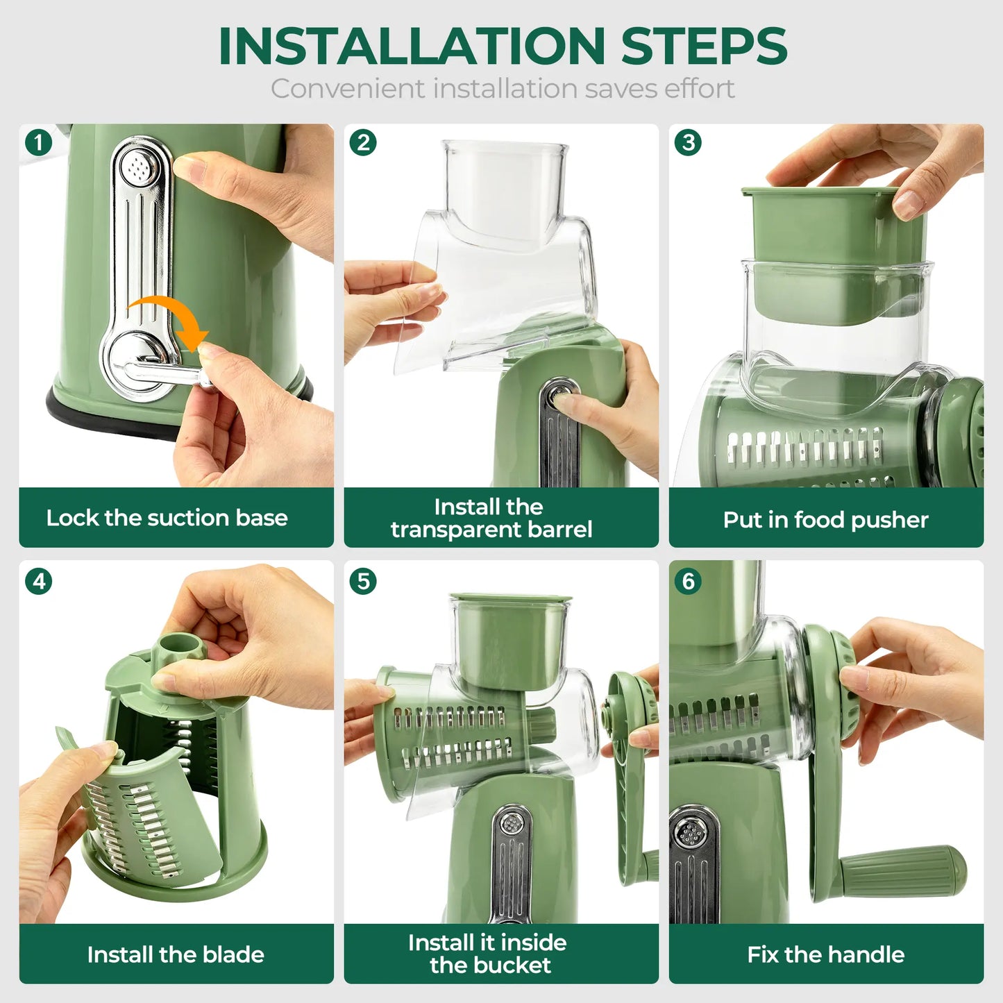 Rotary Grater | 5 Exquisitely Designed Blades in Different Shapes + Heavy-Duty Suction Cup Base