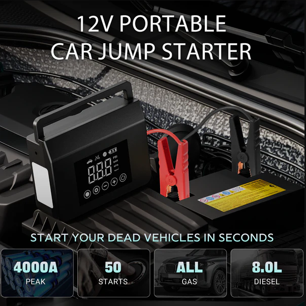 Portable Car Jump Starter with Air Compressor, (ALL Gas/7.0L Diesel) with 150PSI Tire Inflator, 12V Car Battery Jump Power,15000mAh Power Bank With LED Light